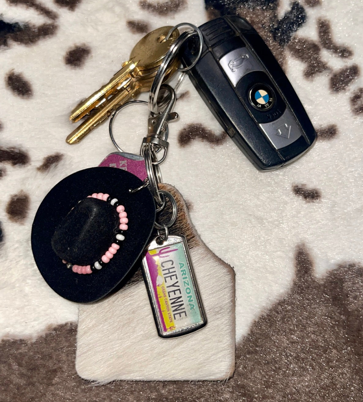 Cow Hide Ear Tag Key Chain